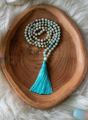 Meditační mala - Amazonit se stříbrným logem (Ag 925/1000)