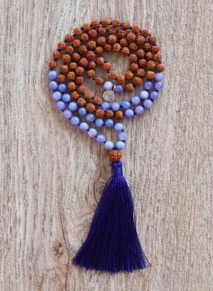 Meditační mala - Angelit a Rudraksha DARK BLUE se stříbrným logem (Ag 925/1000)