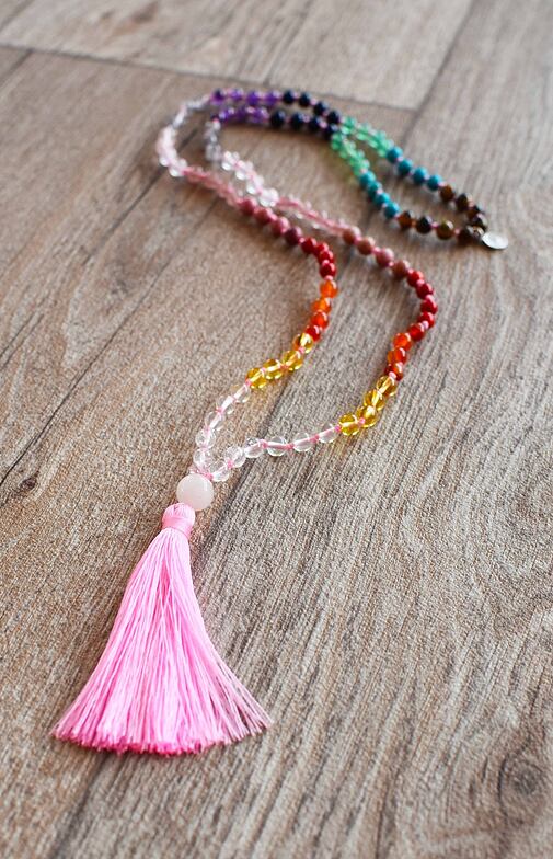 Meditační mala ČAKRY - PINK se stříbrným logem (Ag 925/1000)