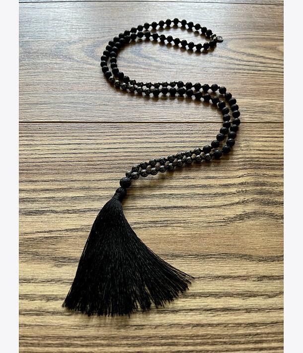 Meditační mala - Hematit a Láva se stříbrným logem (Ag 925/1000)