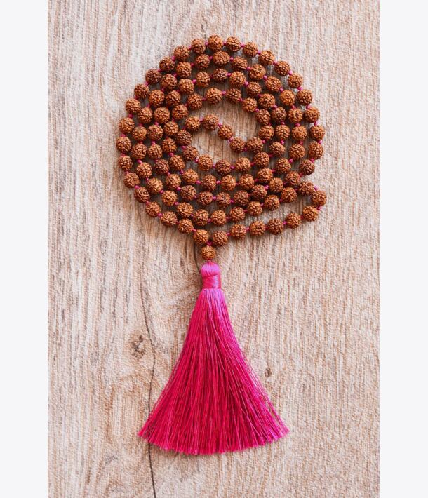 Meditační mala - Rudraksha PINK se stříbrným logem (Ag 925/1000)