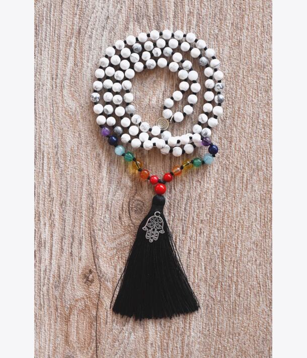 Meditační mala ČAKRY - Magnezit s hamsou se stříbrným logem (Ag 925/1000)