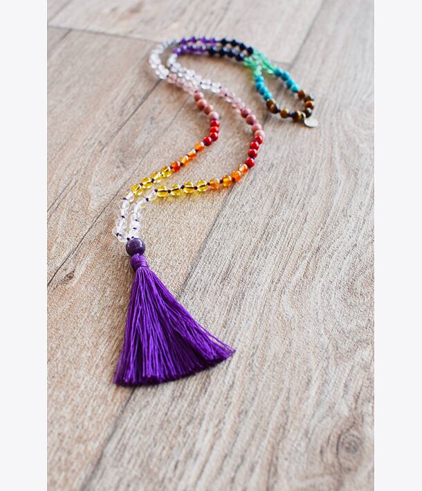 Meditační mala ČAKRY - PURPLE se stříbrným logem (Ag 925/1000)