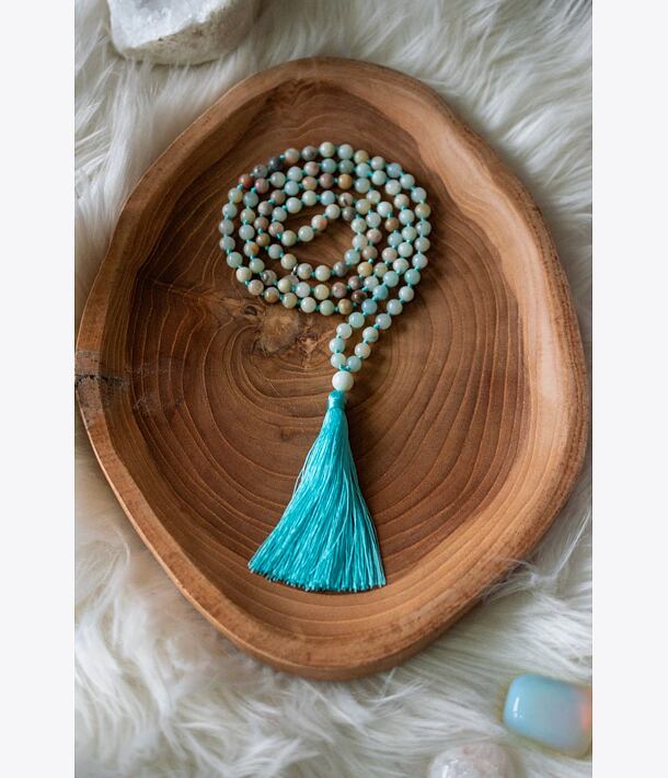 Meditační mala - Amazonit se stříbrným logem (Ag 925/1000)