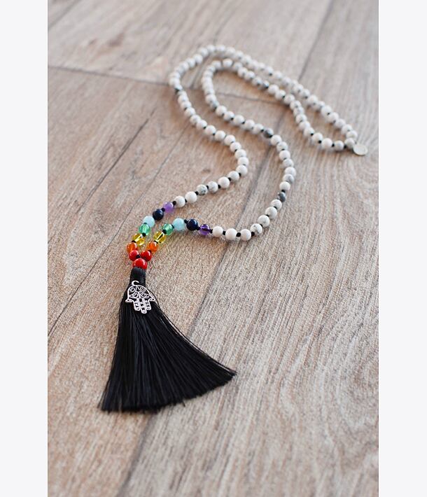 Meditační mala ČAKRY - Magnezit s hamsou se stříbrným logem (Ag 925/1000)