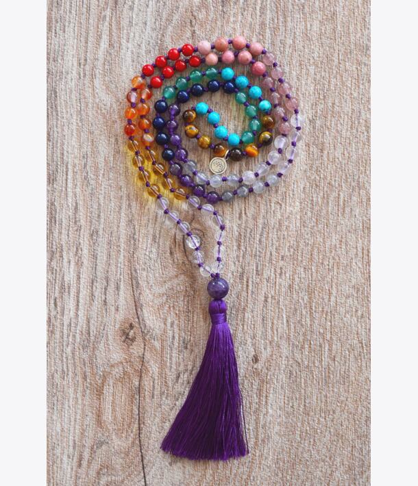 Meditační mala ČAKRY - PURPLE se stříbrným logem (Ag 925/1000)