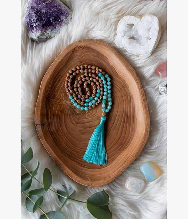 Meditační mala - Akvamarín a Rudraksha se stříbrným logem (Ag 925/1000)