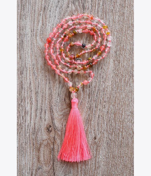 Meditační mala - Třešňový Křišťál se stříbrným logem (Ag 925/1000)