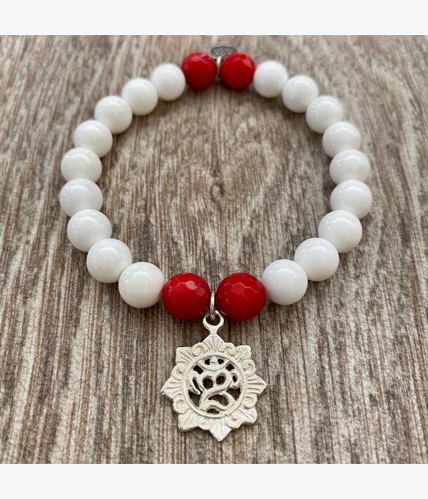 YOGGYS náramek BALIJSKÝ ÓM - bílý jantar a rubín