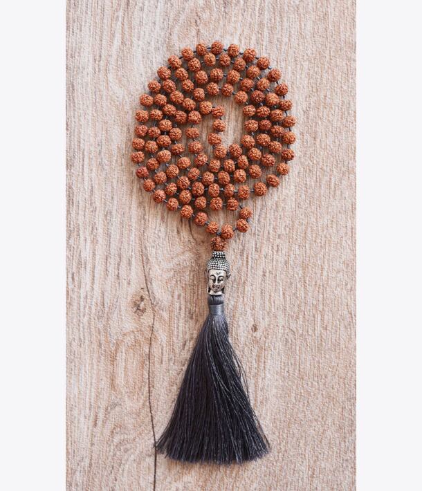 Meditační mala BUDHA - Rudraksha DARK GREY se stříbrným logem (Ag 925/1000)
