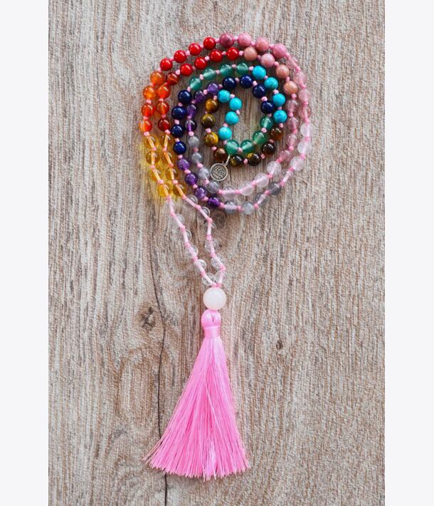 Meditační mala ČAKRY - PINK se stříbrným logem (Ag 925/1000)