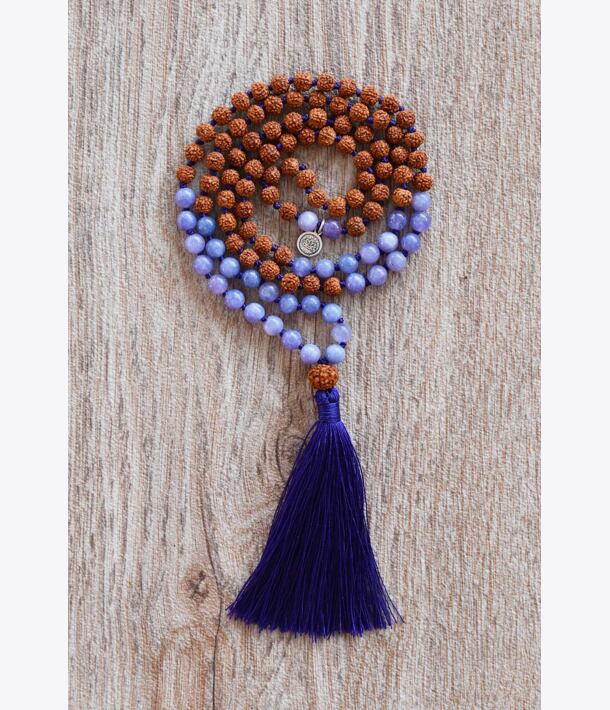 Meditační mala - Angelit a Rudraksha DARK BLUE se stříbrným logem (Ag 925/1000)