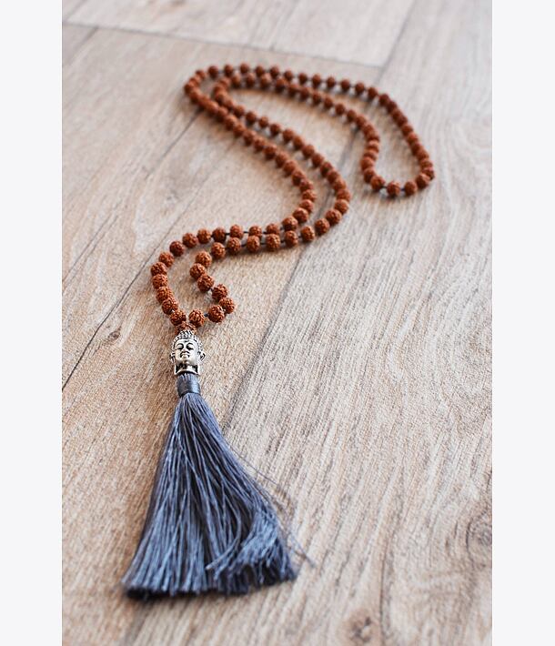 Meditační mala BUDHA - Rudraksha DARK GREY se stříbrným logem (Ag 925/1000)
