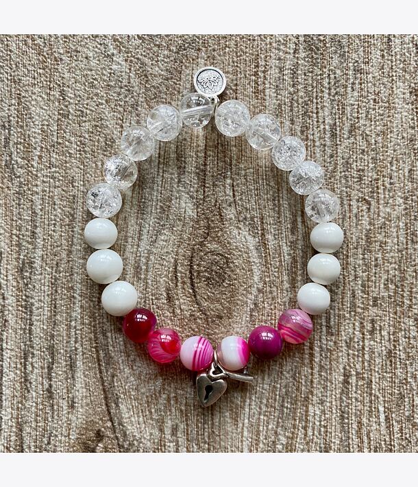 Náramek ZÁMEK - bílý jantar, achát a pukaný křišťál