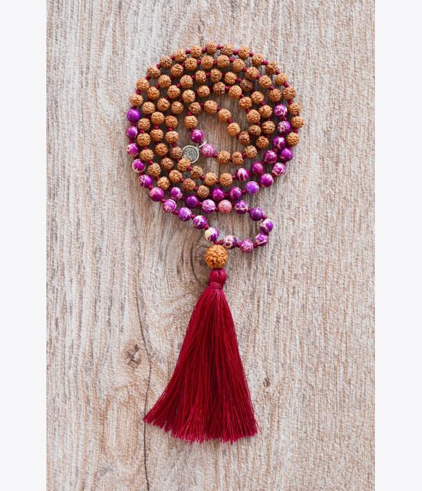 Meditační mala - Purpurový Jaspis a Rudraksha se stříbrným logem (Ag 925/1000)